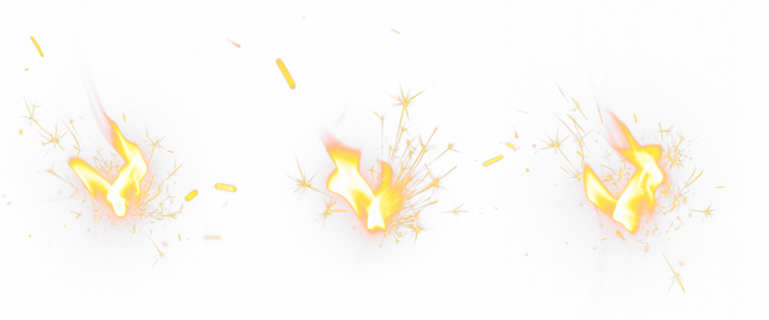 Set of realistic fire sparks isolated on transparent PNG background, glowing orange and yellow ember particles for explosion, flame, heat, and light effect overlays in photo or video editing - Powered by Adobe
