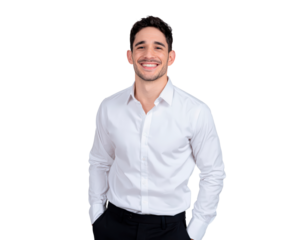 Confident man in white shirt smiling on transparent background for business or presentation design