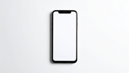 Smartphone with blank white screen on white background, modern mobile device with black frame, minimalistic technology concept with empty display for app or message, clean and simple design