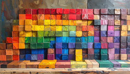 Wooden blocks arranged in colorful rainbow pattern with various shades of red, orange, yellow, green, blue, and purple, creating vibrant and artistic display