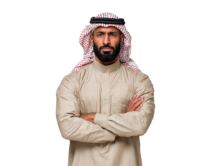 Confident middle eastern man in traditional attire on transparent background