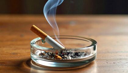 Burning cigarette with smoke in glass ashtray on wooden surface, evoking calm and contemplative mood with soft lighting and warm tones