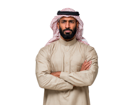 Confident middle eastern man in traditional attire on transparent background