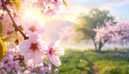 Soft pink cherry blossom flowers bloom on branch in sunlit garden with blurred tree and green grass in background, evoking peaceful spring morning
