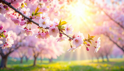 Cherry blossom branch with pink flowers and green leaves glowing in warm sunlight during spring season in blooming orchard with soft focus background