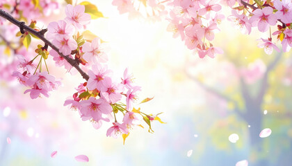 Cherry blossom branch with soft pink flowers and petals gently falling in bright sunlight, creating peaceful and delicate spring atmosphere