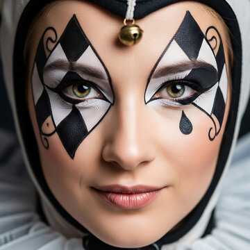 A close-up portrait of a mischievous female jester with elegant, diamond-patterned makeup and a single, black teardrop. She has a subtle, knowing smirk. Focus on intricate makeup and expression.

