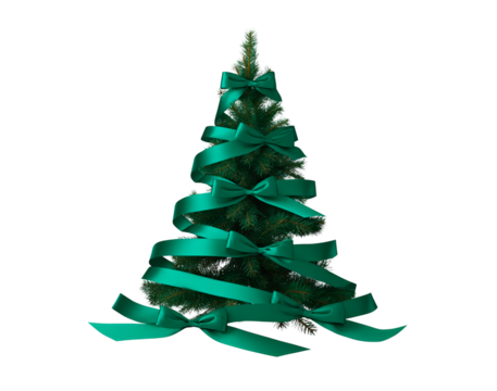 Elegant green ribbon decorated christmas tree on transparent background for holiday design - Powered by Adobe