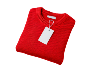 Red knitted sweater with blank tag for branding or gift ideas