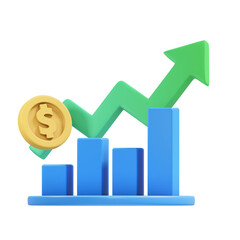 Blue bar graph with rising green arrow and golden coin symbolizing financial growth and success on a transparent background