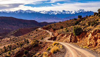 Mountain road winding through rocky terrain with sparse vegetation under partly cloudy sky and snow capped peaks in distance, evoking sense of adventure and tranquility