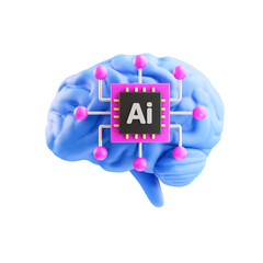 Digital Brain With Ai Chip Attached To It Showing Artificial Intelligence Concept With Blue Brain And Pink Connection Points On Transparent Background