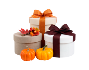 Autumn gift boxes with pumpkins and leaves for seasonal celebrations