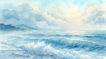 Serene watercolor painting of a misty ocean landscape with rolling waves and soft sunlight breaking through clouds