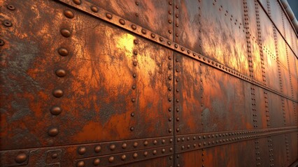 Close up of a weathered riveted metal wall with warm sunset light reflecting on its textured surface