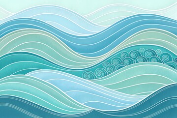 Abstract flowing waves of turquoise and blue with subtle city skyline detail in the background