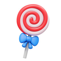 Red And White Swirl Lollipop With Blue Bow On A Stick Candy Treat Sweet Food Isolated On Transparent Background Studio Lighting