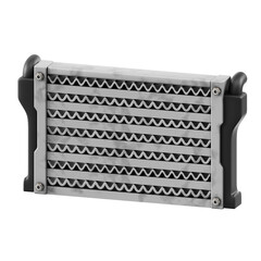 Rectangular Metal Heat Exchanger With Silver Fins And Black Sides Mounted On A Transparent Background
