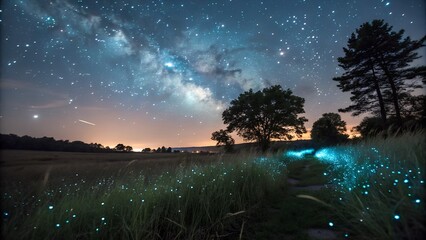 Magical night sky with the milky way galaxy above a field illuminated by glowing fireflies and distant city lights