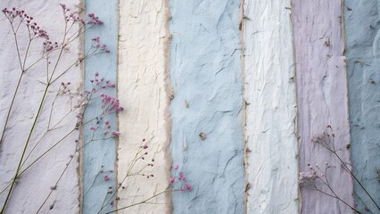 Soft pastel colored wooden planks with delicate dried flowers and twigs