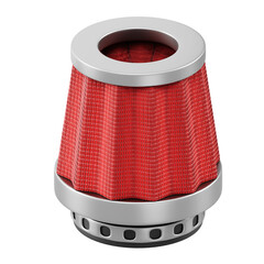 Red conical air filter with chrome accents and metallic mesh detail on a transparent background