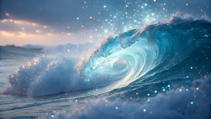Powerful ocean wave crashing with luminous sparkles and soft sunset sky in the background