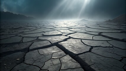 Dramatic sunbeams pierce through atmospheric haze illuminating a vast expanse of cracked dry earth
