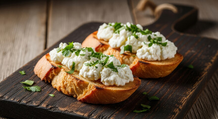Delicious Bruschetta with Creamy Ricotta Cheese and Fresh Chives on a Rustic Wooden Board.