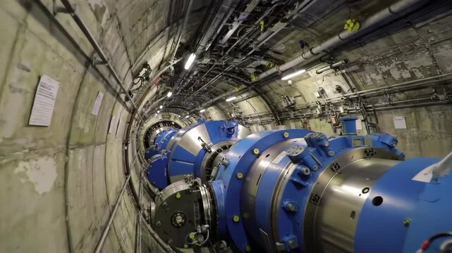 Large Blue Scientific Machine in Concrete Underground Tunnel