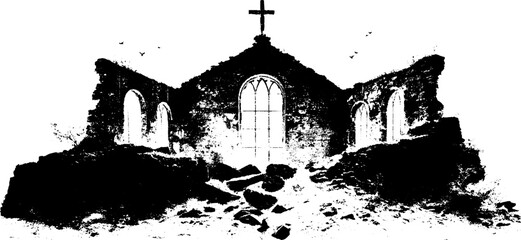 Obraz premium Vintage stained glass church ruins with cross and birds silhouette for art and design