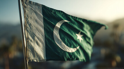 A vibrant flag of Pakistan, emblem of national pride, billows gracefully against a backdrop of a serene sky, showcasing the nation's symbolic crescent and star.