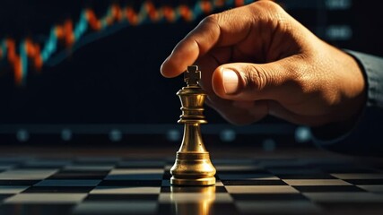 Close-up of a hand moving a golden king chess piece with a stock market chart in the background. Concept of strategy, leadership, and financial decision making
- Powered by Adobe