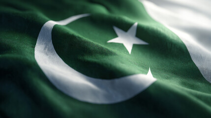 A vibrant, detailed shot of the Pakistan national flag in motion. Its verdant fabric flows, showcasing the iconic star and crescent moon.