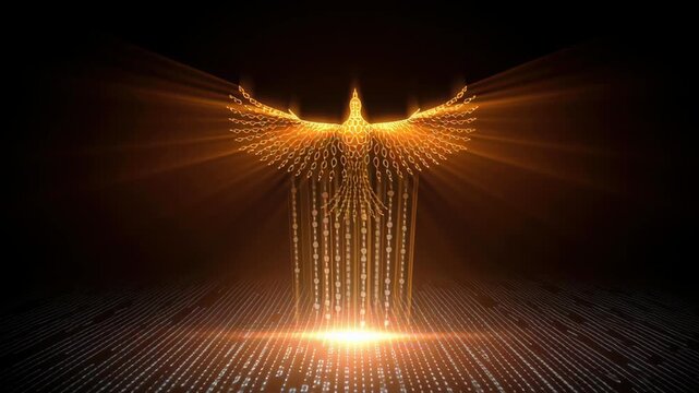 Golden digital phoenix with outstretched wings and cascading binary light glowing above illuminated circuit floor, glowing phoenix bird rising from - Powered by Adobe