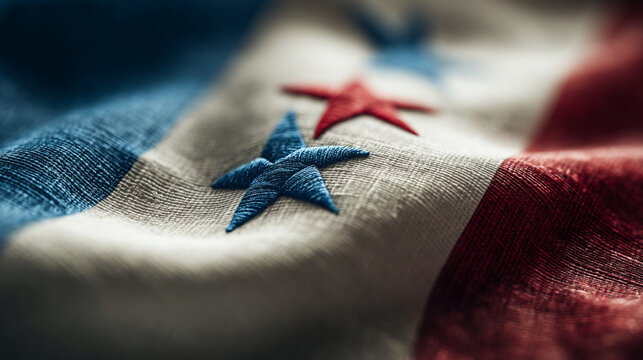 A close-up shot of the Panamanian flag with meticulous detail shows its vibrant colors and stars, capturing its national identity.