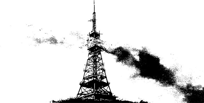 Black and white silhouette of industrial antenna tower with grunge texture for urban design