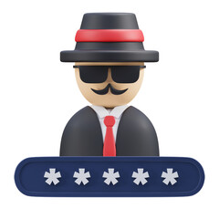 3D illustration of a masked hacker or spy icon with a password bar.