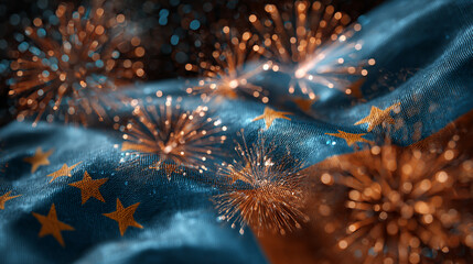 A captivating display of pyrotechnics dances against a silken backdrop of celestial stars and sapphire hues, creating a mesmerizing blend of illumination and aspiration.