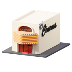 A cream colored cinema building with a marquee entrance and red carpet and a cinema sign on the side of the building, isolated on a transparent background