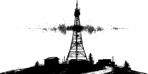 Obraz premium Black and white transmission antenna stencil illustration for urban design