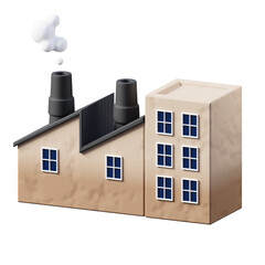 Industrial Building With Two Chimneys Emitting Smoke And Numerous Windows Under Natural Lighting With A Simple Design And Neutral Colors