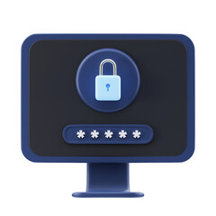 Digital Security Concept Computer Screen Displaying Locked Padlock Icon and Password Input Field on Dark Background with Blue Tones and Soft Lighting