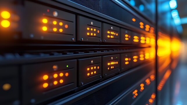 Server Racks with Orange Lights with Data Center Background.
