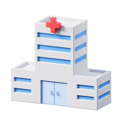 Modern hospital building with blue windows and a red cross symbol on a transparent background representing healthcare and medical services.