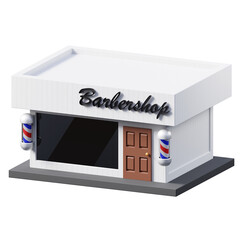 Modern White Barbershop Building with Classic Red White Blue Pole Signage and Wood Door Exterior View