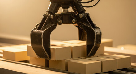 Robotic arm with precision claw places cardboard package boxes on conveyor in automated warehouse assembly line under warm lighting