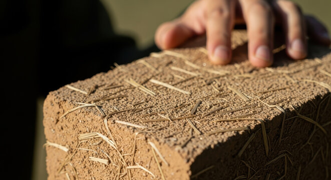 Hand examines eco friendly building block made from straw and clay demonstrating sustainable construction materials and innovative green architecture solutions