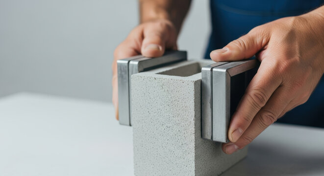 Man measuring hollow concrete block with caliper for precision in construction project, focusing on accuracy in building materials and craftsmanship during work process