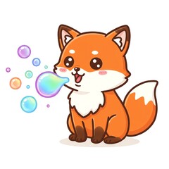 Fototapeta premium Cute cartoon fox blowing colorful bubbles