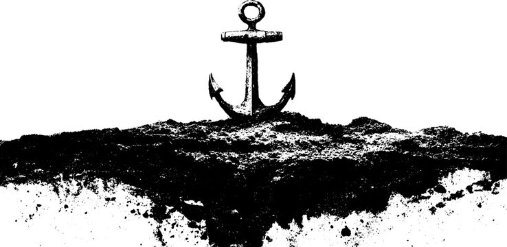 Black and white anchor stencil illustration half buried in soil texture